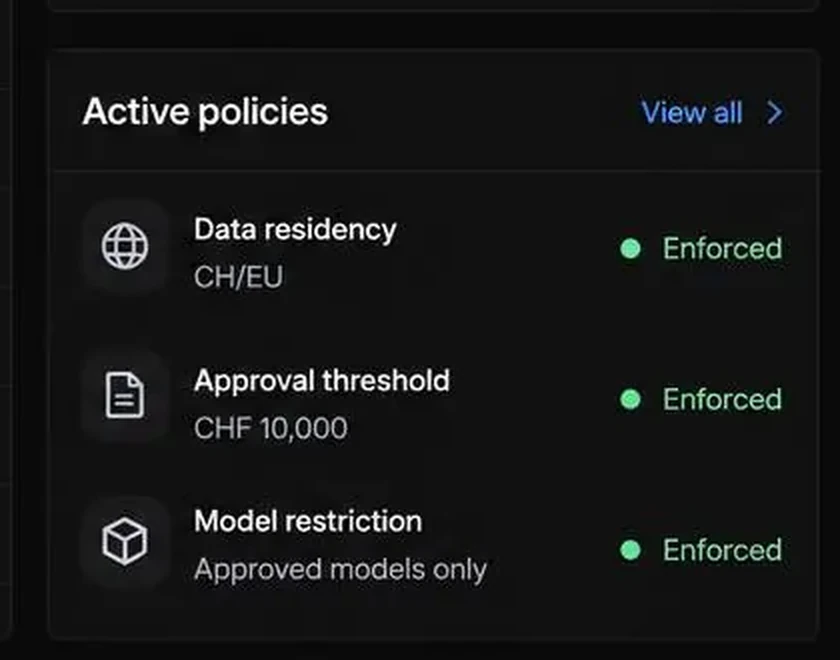 Enlarged Active policies panel showing data residency, approval threshold and model restriction.