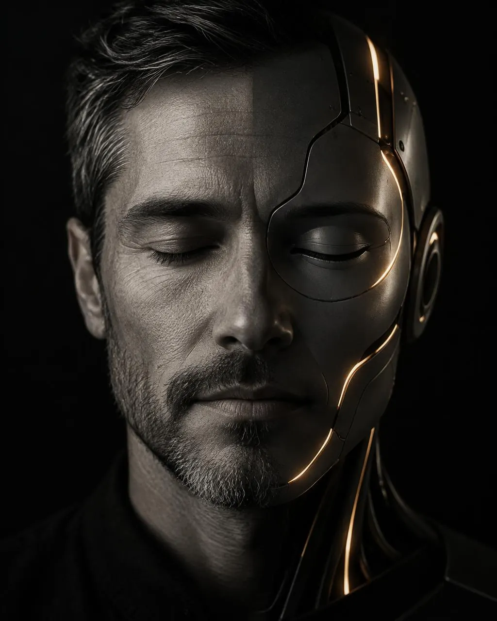 A face half human, half AI agent, eyes closed — the calm of an agent you can name and trust.